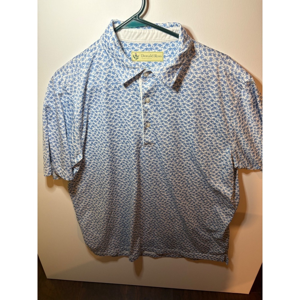 Donald Ross Golf Polo Shirt Mens Medium Blue Palm Tree Tropical Performance